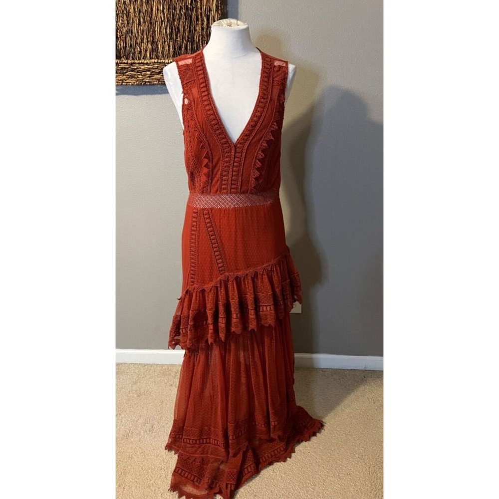 House of Harlow Sheer Tiered Maxi Dress M Medium Burnt Orange Festival - Picture 4 of 15